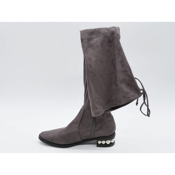 Catherine Malandrino Sock Boots Womens 7 Gray Fabric Pearl Heel Thigh Highs - Picture 5 of 11